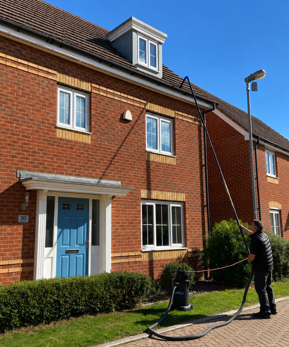 Professional gutter vacuum cleaning on a two-storey home in Cambridgeshire using high-reach ground-based equipment